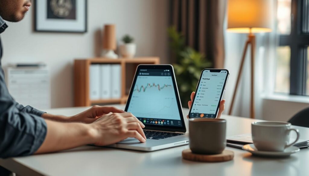 Person researching investment options on laptop and smartphone Person researching investment options on laptop and smartphone