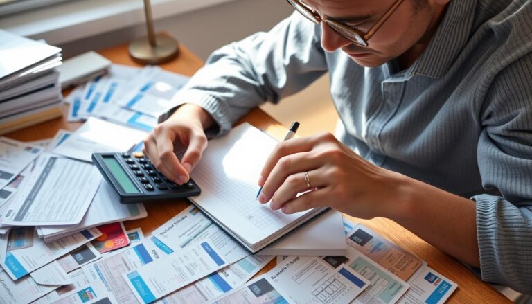 Person reviewing credit card statements and creating a credit card debt repayment plan