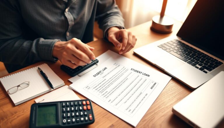 Person reviewing student loan documents with calculator showing how to get out of student loan debt