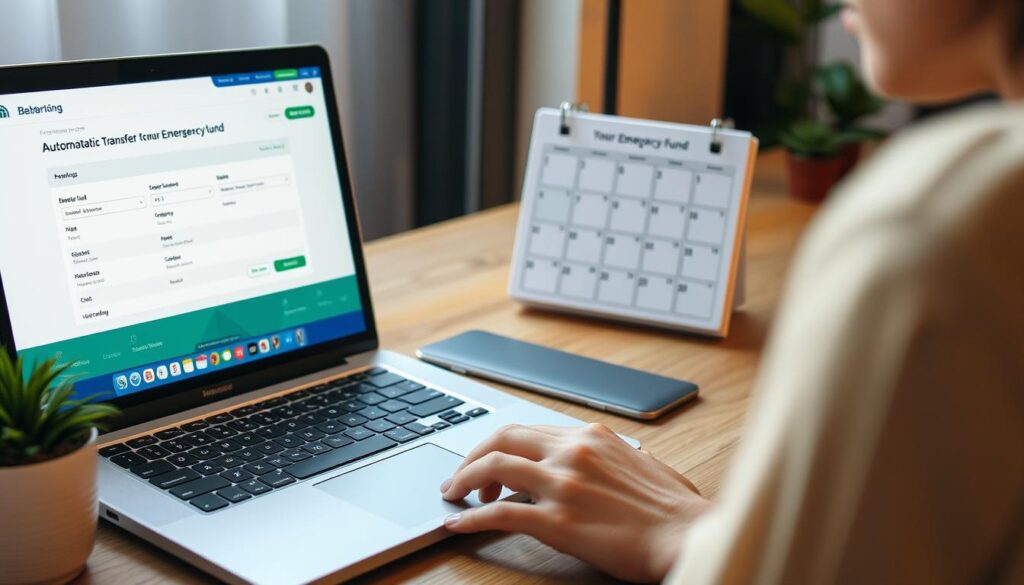 Person setting up automatic savings for emergency fund