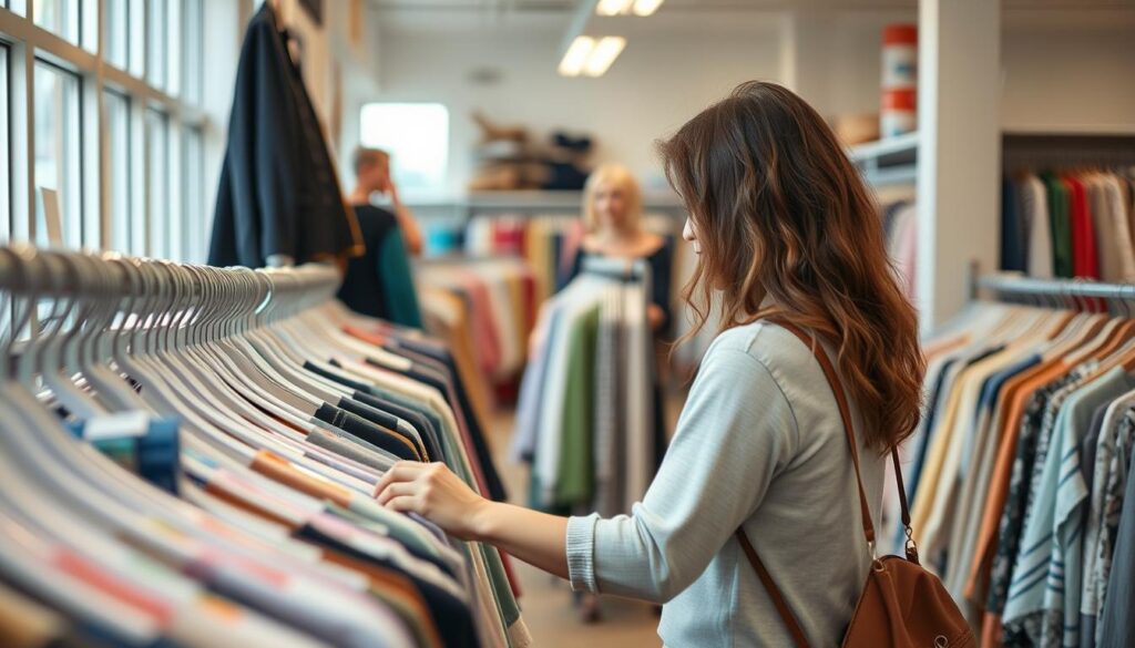Person shopping at a thrift store for clothing Person shopping at a thrift store for clothing