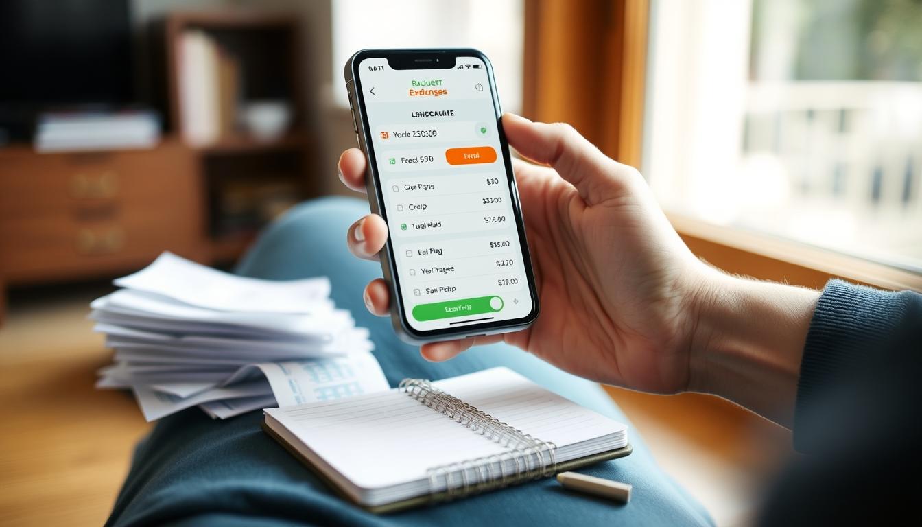 Person tracking expenses on smartphone app to save money fast