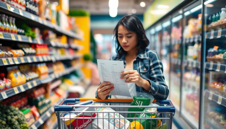 Person using a shopping list while grocery shopping to save money