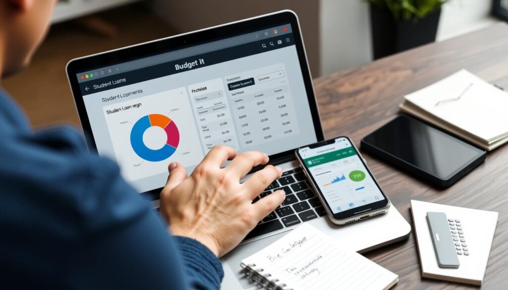 Person using budgeting app on laptop to manage student loan debt