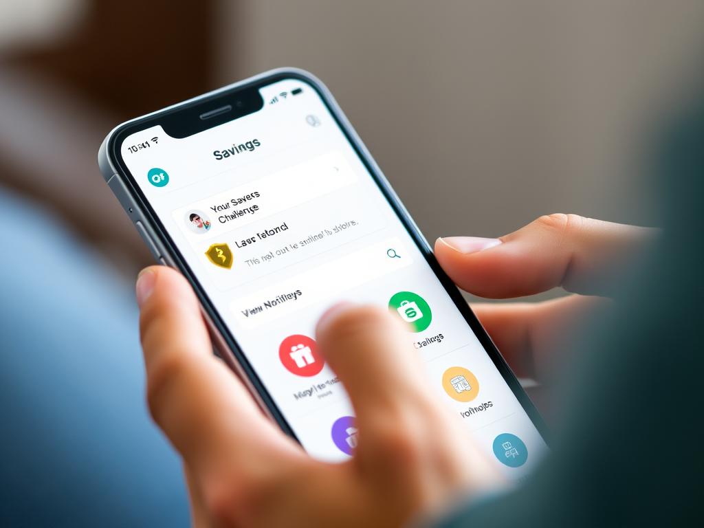Person using savings challenge app on phone Person using savings challenge app on phone