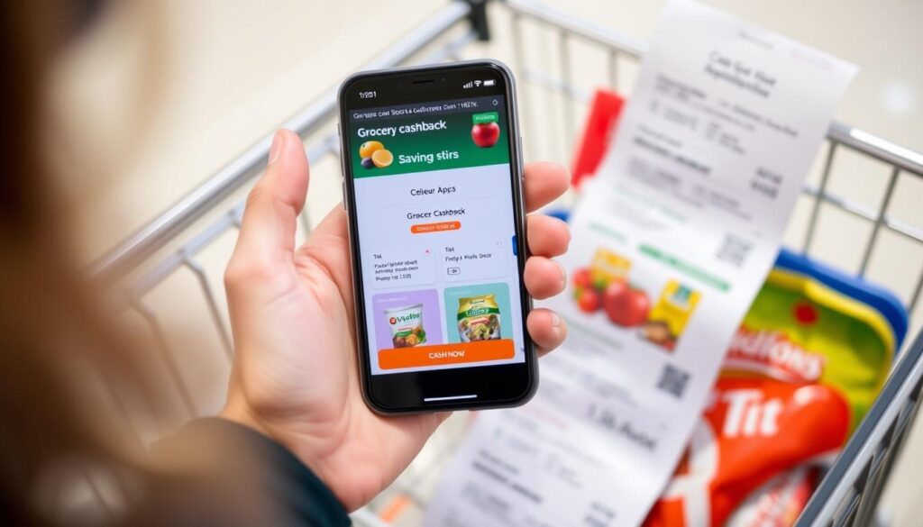 Person using smartphone cashback app to save money on groceries Person using smartphone cashback app to save money on groceries