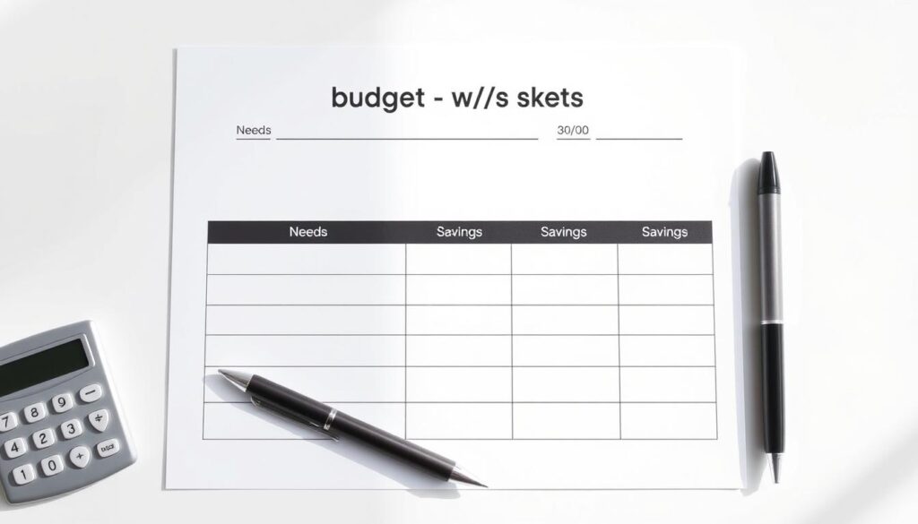 Simple budget worksheet showing 50/30/20 rule to save money fast Simple budget worksheet showing 50/30/20 rule to save money fast