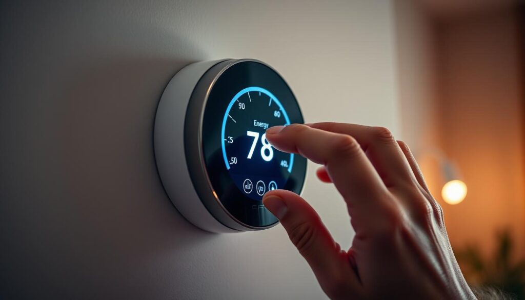Smart thermostat being adjusted to save on energy costs Smart thermostat being adjusted to save on energy costs