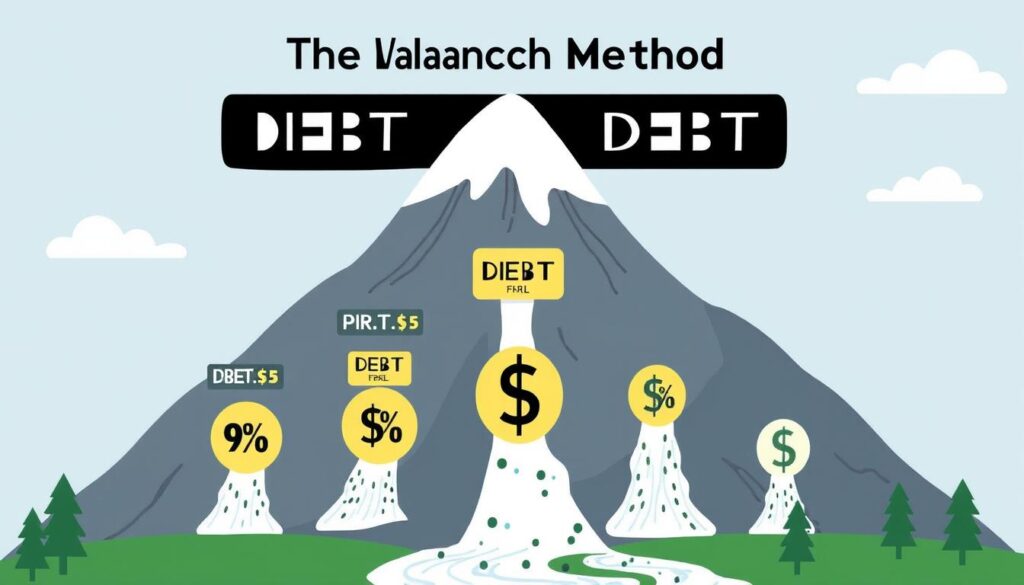 Visual representation of the Avalanche debt method showing debt being eliminated from highest interest to lowest Visual representation of the Avalanche debt method showing debt being eliminated from highest interest to lowest