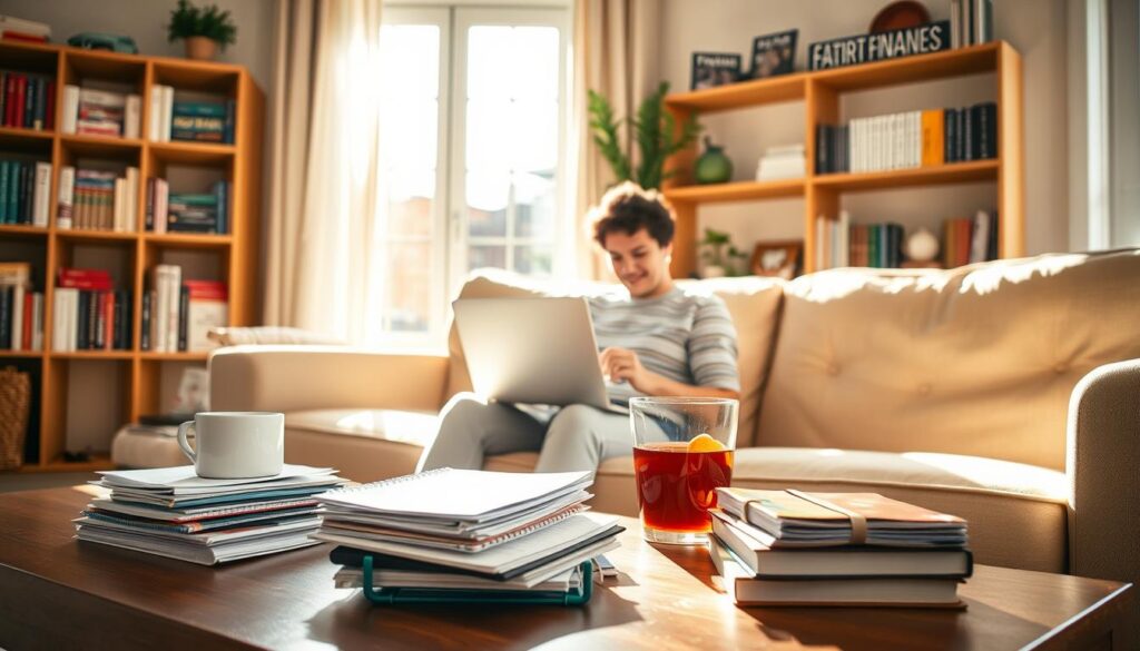 A bright, sunny day in a cozy living room, where a person sits comfortably on a plush couch, laptop open, meticulously organizing their finances. Warm, natural lighting filters through large windows, casting a gentle glow on the scene. In the foreground, a stack of carefully arranged bills, receipts, and a colorful budgeting notebook. On the coffee table, a cup of steaming tea and a bowl of fresh fruit, symbolizing a healthy balance between work and self-care. The background features bookshelves filled with financial planning guides and motivational literature, conveying a sense of diligence and financial literacy. The overall atmosphere radiates a feeling of financial confidence and control, inspiring the viewer to cultivate their own healthy spending habits. A bright, sunny day in a cozy living room, where a person sits comfortably on a plush couch, laptop open, meticulously organizing their finances. Warm, natural lighting filters through large windows, casting a gentle glow on the scene. In the foreground, a stack of carefully arranged bills, receipts, and a colorful budgeting notebook. On the coffee table, a cup of steaming tea and a bowl of fresh fruit, symbolizing a healthy balance between work and self-care. The background features bookshelves filled with financial planning guides and motivational literature, conveying a sense of diligence and financial literacy. The overall atmosphere radiates a feeling of financial confidence and control, inspiring the viewer to cultivate their own healthy spending habits.