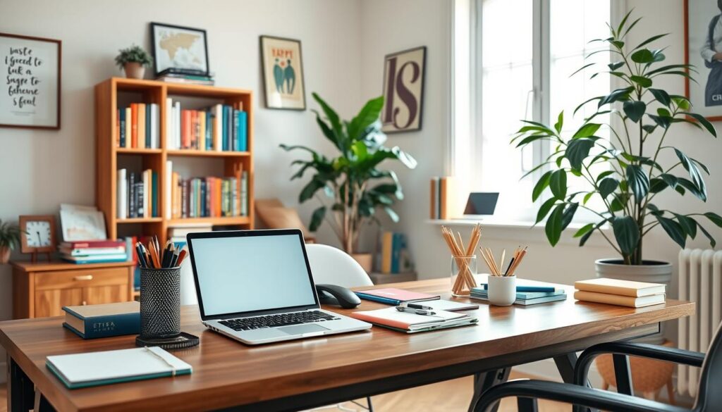 A bright, well-lit office scene with a cozy workspace. A laptop, phone, and various stationery items are neatly arranged on a wooden desk. In the background, a bookshelf filled with colorful books and a potted plant add warmth to the space. The walls are adorned with inspirational artwork, and a large window allows natural light to flood the room, creating a serene and productive atmosphere. The camera is positioned at a slightly elevated angle, capturing the setup from a perspective that highlights the organized and inviting nature of the Etsy seller's workstation.