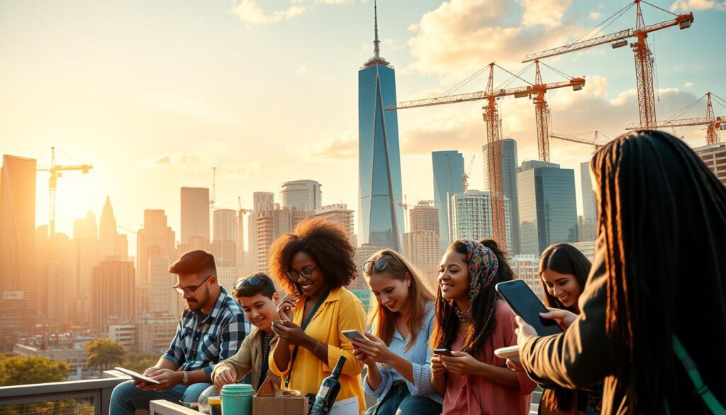A bustling city skyline in the background, with skyscrapers and cranes hinting at a dynamic urban landscape. In the foreground, a diverse array of people - entrepreneurs, freelancers, and creative minds - engaged in various side hustles, from designing crafts to coding mobile apps, all against a vibrant, colorful backdrop that captures the energy and innovation of their endeavors. The lighting is warm and inviting, with a sense of possibility and opportunity in the air. The composition should be dynamic, with the subjects arranged in a visually compelling manner that draws the viewer's eye across the frame.