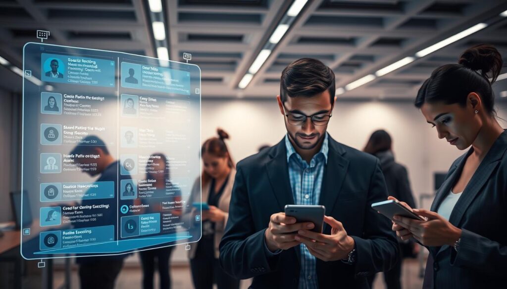 A bustling microtasking platform, with a sleek, futuristic interface. In the foreground, a diverse array of tasks displayed on holographic screens, inviting users to complete them. The middle ground features individuals intently focused on their mobile devices, their faces illuminated by the glow of the screens. In the background, a minimalist, modern office setting with clean lines and subdued lighting, creating a professional and efficient atmosphere. The scene conveys a sense of productivity, flexibility, and the seamless integration of technology into the workflow. Crisp, high-resolution, detailed, cinematic, 4K.