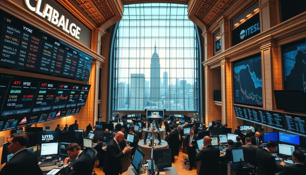 A bustling stock exchange floor, illuminated by the warm glow of digital displays and the hustle of traders in tailored suits. In the foreground, a wide-angle lens captures the energy of the trading desks, with brokers making rapid gestures as they analyze real-time stock data. The middle ground reveals a panoramic view of the exchange's iconic architecture, with soaring ceilings and intricate marble detailing. In the background, the cityscape outside the exchange's glass walls is visible, hinting at the broader economic landscape that the exchange both reflects and influences. The overall scene conveys the sense of a vital, fast-paced financial ecosystem at the heart of global markets.