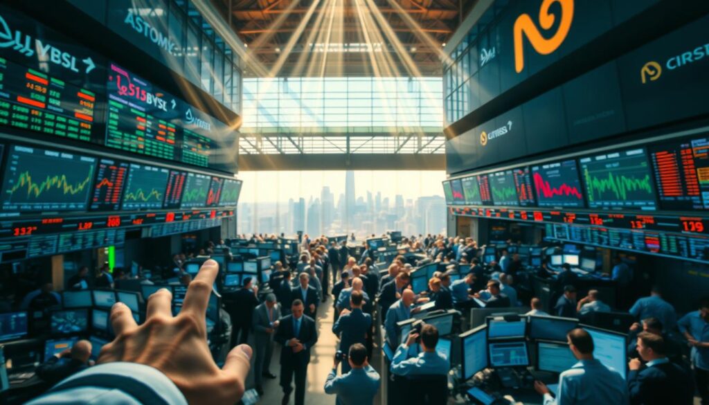 A bustling stock exchange floor, with traders and brokers engaged in a dynamic dance of buying and selling. Beams of light filter through towering glass walls, casting a warm glow over the throng of activity. Colorful charts and graphs flicker across high-resolution screens, reflecting the ebb and flow of market movements. In the foreground, a broker's hand gestures emphatically, capturing the intensity of the moment. The middle ground is a blur of frenzied activity, with traders scrutinizing data and making split-second decisions. In the background, a panoramic view of the city skyline serves as a reminder of the larger economic forces at play. The scene conveys a sense of urgency, uncertainty, and the relentless pursuit of profit.