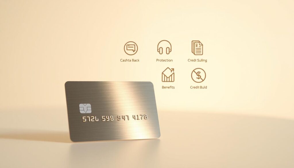 A clean, minimalist composition showcasing the key benefits of a beginner credit card. In the foreground, a sleek metal credit card with a subtle matte finish reflects the warm glow of a soft, directional light source. The card is set against a plain, off-white background, allowing the card's design to take center stage. In the middle ground, a series of simple, elegant icons representing common credit card benefits, such as cash back, purchase protection, and credit building, float effortlessly around the card. The background is a soft, gradient-based blur, creating a sense of depth and focus on the core subject matter. The overall mood is one of modern sophistication and understated luxury, conveying the utility and value of a beginner credit card. A clean, minimalist composition showcasing the key benefits of a beginner credit card. In the foreground, a sleek metal credit card with a subtle matte finish reflects the warm glow of a soft, directional light source. The card is set against a plain, off-white background, allowing the card's design to take center stage. In the middle ground, a series of simple, elegant icons representing common credit card benefits, such as cash back, purchase protection, and credit building, float effortlessly around the card. The background is a soft, gradient-based blur, creating a sense of depth and focus on the core subject matter. The overall mood is one of modern sophistication and understated luxury, conveying the utility and value of a beginner credit card.