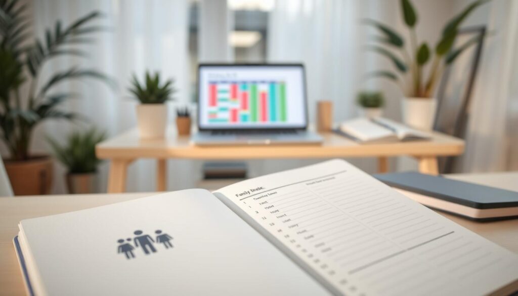A clean, minimalist family budget tracker, illuminated by soft, natural lighting. In the foreground, a modern notebook with a stylized family icon and neatly organized budget categories. In the middle ground, a desktop with a laptop, calculator, and a colorful spreadsheet displayed, conveying a sense of financial planning and organization. The background features a tranquil, blurred home office setting, with plants and neutral-toned decor, creating a calming, focused atmosphere to manage personal finances.
