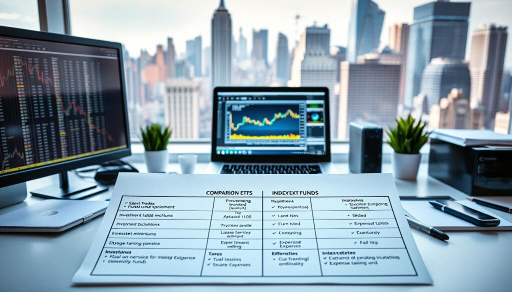 A clean, well-lit workspace with a desktop computer, trading charts, and various financial instruments displayed prominently. In the foreground, a hand-drawn comparison chart highlights the key differences between exchange-traded funds (ETFs) and index funds, such as trading mechanisms, investment minimums, and expense ratios. The middle ground features a laptop showcasing an online trading platform, while the background depicts a cityscape with skyscrapers, suggesting the interconnectedness of the financial world. The overall atmosphere conveys a sense of professionalism, attention to detail, and a deep understanding of the intricacies of these investment vehicles.
