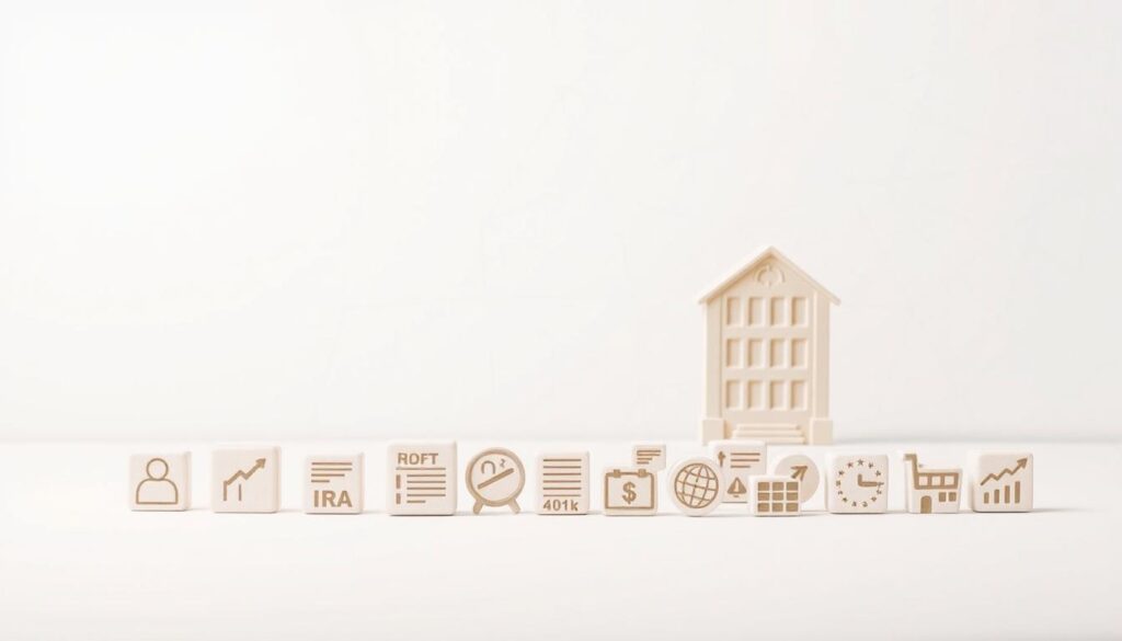 A clear, detailed illustration of various retirement account options, presented against a clean, minimalist background. The foreground features an array of financial icons and symbols, including 401(k), IRA, Roth IRA, and pension plan icons, meticulously arranged to convey the different retirement savings vehicles. The middle ground showcases a subtle grid or graph-like layout, hinting at the analytical and organizational aspects of retirement planning. The background is a soft, neutral tone, allowing the retirement account options to take center stage. Lighting is soft and diffused, creating a sense of balance and professionalism. The overall mood is informative, authoritative, and visually appealing, suitable for a beginner's guide to retirement planning. A clear, detailed illustration of various retirement account options, presented against a clean, minimalist background. The foreground features an array of financial icons and symbols, including 401(k), IRA, Roth IRA, and pension plan icons, meticulously arranged to convey the different retirement savings vehicles. The middle ground showcases a subtle grid or graph-like layout, hinting at the analytical and organizational aspects of retirement planning. The background is a soft, neutral tone, allowing the retirement account options to take center stage. Lighting is soft and diffused, creating a sense of balance and professionalism. The overall mood is informative, authoritative, and visually appealing, suitable for a beginner's guide to retirement planning.
