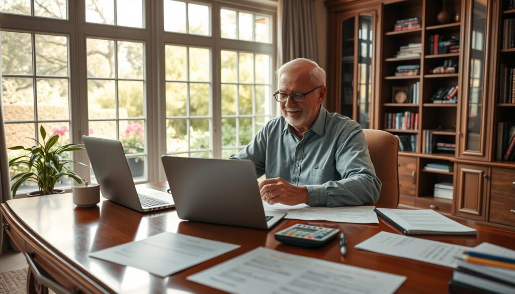 A comfortable home office with large windows overlooking a peaceful garden. A retiree sits at a polished wooden desk, reviewing financial documents and plans for their golden years. Soft, natural lighting illuminates the scene, creating a serene atmosphere. On the desk, a laptop, a retirement savings calculator, and notes outlining long-term goals and lifestyle aspirations. Bookcases line the walls, hinting at a lifetime of knowledge and experiences. The retiree exudes a sense of contentment and confidence, radiating the satisfaction of having planned meticulously for this new chapter of their life.
