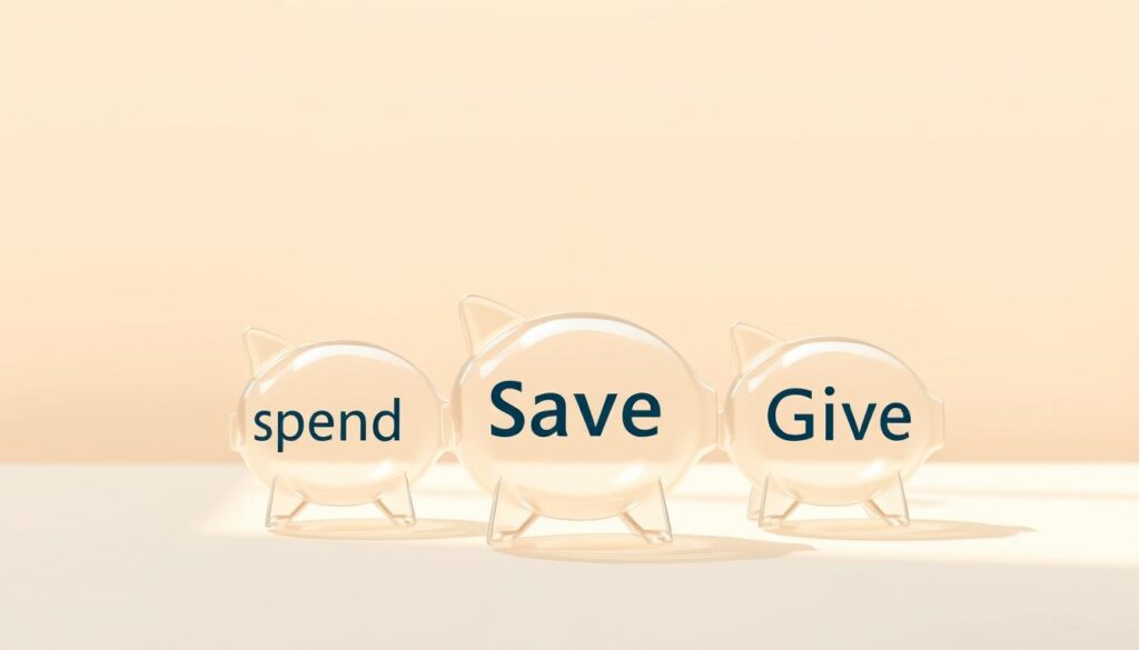 A contemporary digital illustration showcasing a &quot;spend, save, give&quot; system for financial management. The foreground depicts three transparent piggy banks, each representing a different category - spending, saving, and charitable giving. The middle ground features a serene, minimalist background with a soft, pastel color palette, evoking a sense of tranquility and balance. The lighting is natural and diffused, creating a warm, inviting atmosphere. The overall composition is clean, symmetrical, and visually appealing, guiding the viewer's attention to the central financial management system.