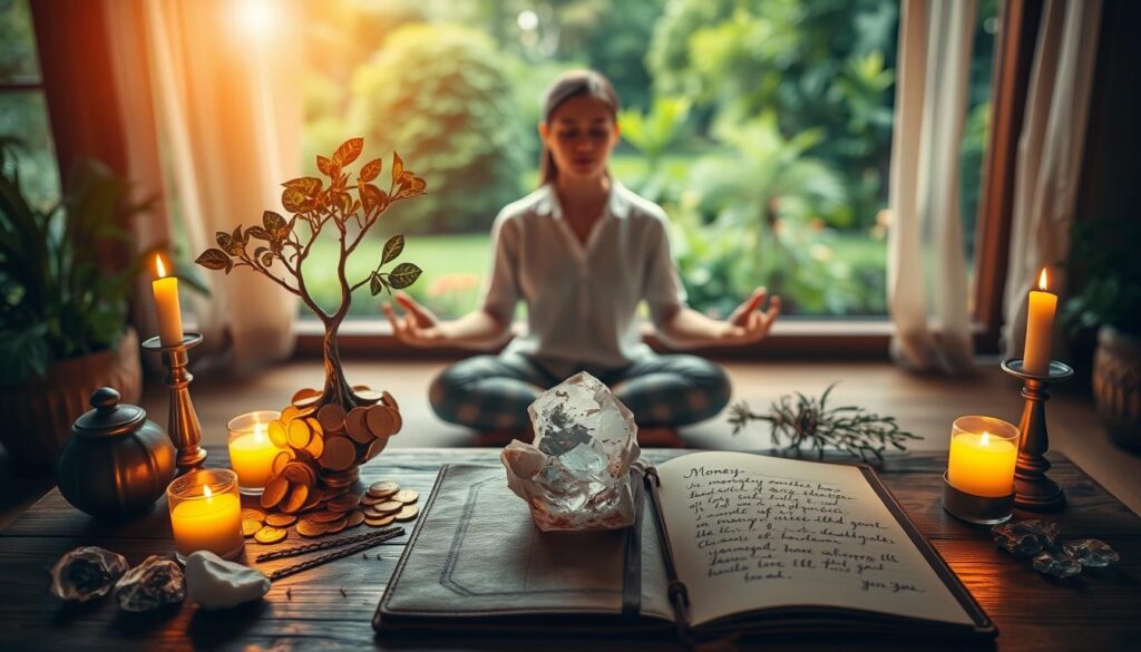 A cozy and serene meditation space, illuminated by the soft glow of candles. In the foreground, a wooden altar adorned with symbols of abundance - a pile of gold coins, a flourishing money tree, and a crystal quartz geode. Surrounding the altar, carefully placed crystals, herbs, and a leather-bound journal open to a page of handwritten money affirmations. In the middle ground, a person sitting cross-legged, eyes closed, palms upturned in a posture of receptivity. Overhead, a diffused lighting casts a warm, mystical atmosphere, creating a sense of inner focus and connection. The background is a tranquil, blurred scene of a lush, verdant garden, suggesting an abundance of nature's blessings. A cozy and serene meditation space, illuminated by the soft glow of candles. In the foreground, a wooden altar adorned with symbols of abundance - a pile of gold coins, a flourishing money tree, and a crystal quartz geode. Surrounding the altar, carefully placed crystals, herbs, and a leather-bound journal open to a page of handwritten money affirmations. In the middle ground, a person sitting cross-legged, eyes closed, palms upturned in a posture of receptivity. Overhead, a diffused lighting casts a warm, mystical atmosphere, creating a sense of inner focus and connection. The background is a tranquil, blurred scene of a lush, verdant garden, suggesting an abundance of nature's blessings.