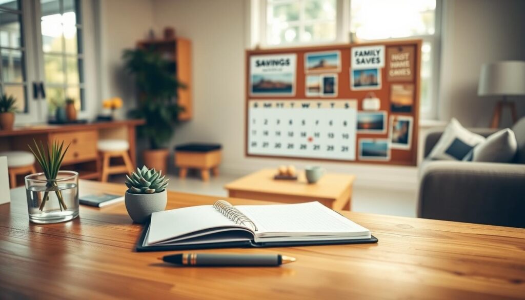 A cozy home office scene with a desk featuring a family vacation savings tracker. In the foreground, a wooden desk with a clean, minimal design holds a neatly organized notebook, a stylish pen, and a succulent plant. The middle ground showcases a soft-hued wall calendar tracking monthly savings, complemented by a bulletin board displaying vacation destination photos and inspiring travel quotes. The background gently blurs, revealing a warm, inviting living room with natural light streaming through large windows, creating a calming, productive atmosphere for reaching the family's travel goals.