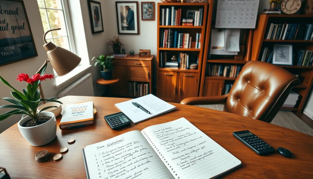 A cozy home office setting, with a large oak desk and comfortable leather chair. On the desk, an open notebook with handwritten savings strategies, alongside a calculator, a stack of coins, and a potted plant. The walls are adorned with inspirational art and family photos, creating a warm and inviting atmosphere. Soft, natural lighting streams in through a nearby window, casting a gentle glow over the scene. In the background, a bookshelf filled with finance-related books and a calendar marked with upcoming vacation dates. The overall composition conveys a sense of focus, organization, and a dedication to reaching financial goals for a memorable family vacation. A cozy home office setting, with a large oak desk and comfortable leather chair. On the desk, an open notebook with handwritten savings strategies, alongside a calculator, a stack of coins, and a potted plant. The walls are adorned with inspirational art and family photos, creating a warm and inviting atmosphere. Soft, natural lighting streams in through a nearby window, casting a gentle glow over the scene. In the background, a bookshelf filled with finance-related books and a calendar marked with upcoming vacation dates. The overall composition conveys a sense of focus, organization, and a dedication to reaching financial goals for a memorable family vacation.