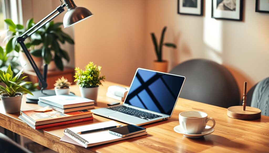 A cozy home office setting with a wooden desk, potted plants, and a vintage lamp. On the desk, an array of low-cost side hustle items - a laptop, a smartphone, a stack of books, a notebook, and a cup of coffee. Warm, natural lighting illuminates the scene, creating a productive and inspiring atmosphere. The background features a wall with framed artwork, suggesting a comfortable, personal workspace. The overall composition conveys the ease and accessibility of starting a side hustle with minimal investment.