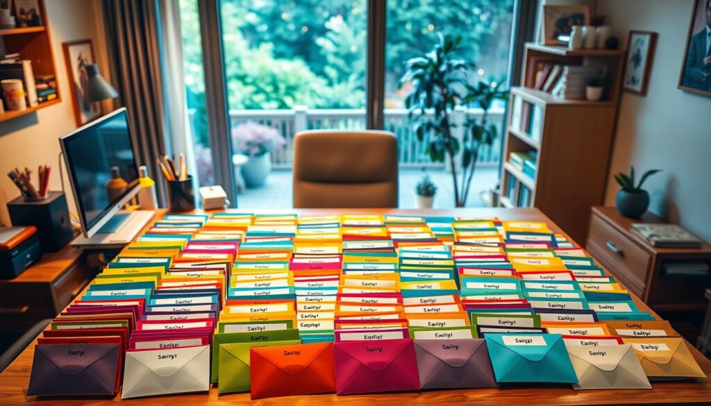 A cozy home office setup with a wooden desk, a desktop computer, and various stationery items arranged neatly. In the foreground, an array of 100 colorful envelopes, each labeled with a different savings goal, is prominently displayed. The lighting is warm and inviting, creating a motivating atmosphere. The background features a large window overlooking a serene garden, with soft natural light flooding the space. The overall scene conveys a sense of organization, determination, and a clear path to achieving financial goals. A cozy home office setup with a wooden desk, a desktop computer, and various stationery items arranged neatly. In the foreground, an array of 100 colorful envelopes, each labeled with a different savings goal, is prominently displayed. The lighting is warm and inviting, creating a motivating atmosphere. The background features a large window overlooking a serene garden, with soft natural light flooding the space. The overall scene conveys a sense of organization, determination, and a clear path to achieving financial goals.
