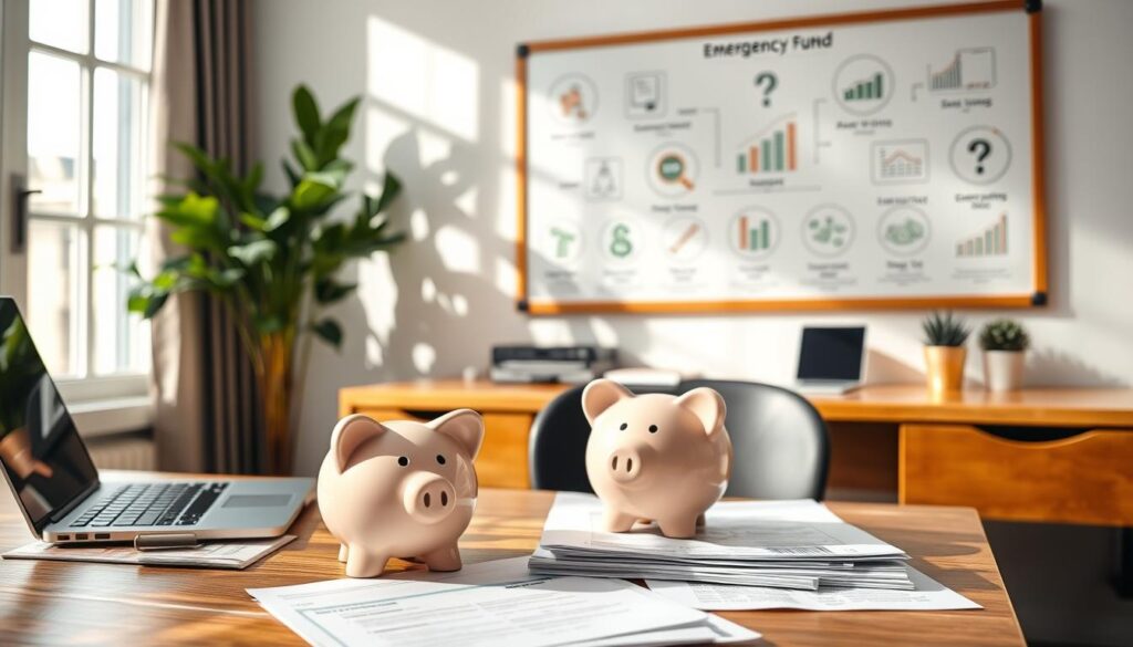 A cozy home office, sunlit and inviting, with a wooden desk, a laptop, and a plant. In the foreground, financial documents and a piggy bank sit neatly arranged, symbolizing the importance of an emergency fund. The background features a whiteboard with infographic-style illustrations depicting savings strategies, budget planning, and emergency preparedness. The overall atmosphere is calm, organized, and focused, conveying a sense of financial well-being and security. A cozy home office, sunlit and inviting, with a wooden desk, a laptop, and a plant. In the foreground, financial documents and a piggy bank sit neatly arranged, symbolizing the importance of an emergency fund. The background features a whiteboard with infographic-style illustrations depicting savings strategies, budget planning, and emergency preparedness. The overall atmosphere is calm, organized, and focused, conveying a sense of financial well-being and security.