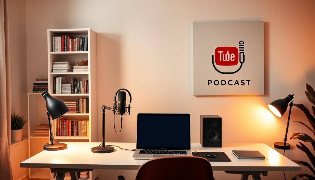A cozy home office with a laptop, microphone, and audio equipment on a clean, minimalist desk. The lighting is warm and inviting, casting a soft glow over the space. In the background, a bookshelf filled with relevant podcasting and content creation resources. On the wall, a simple, elegant canvas print depicting the YouTube and podcast logos, symbolizing the strategies for generating passive income. The overall atmosphere is one of focused productivity and creative inspiration, ideal for a stay-at-home mom exploring new ways to diversify her income. A cozy home office with a laptop, microphone, and audio equipment on a clean, minimalist desk. The lighting is warm and inviting, casting a soft glow over the space. In the background, a bookshelf filled with relevant podcasting and content creation resources. On the wall, a simple, elegant canvas print depicting the YouTube and podcast logos, symbolizing the strategies for generating passive income. The overall atmosphere is one of focused productivity and creative inspiration, ideal for a stay-at-home mom exploring new ways to diversify her income.