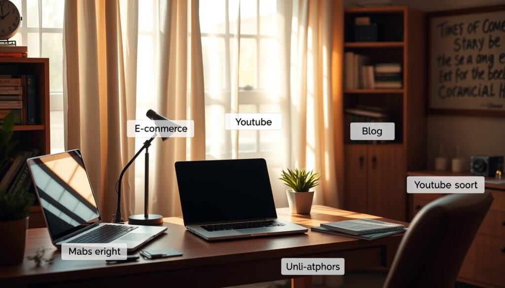 A cozy home office with a wooden desk, a laptop, and various passive income sources such as an e-commerce store, a mobile app, a blog, and a YouTube channel. Soft, natural lighting filters through sheer curtains, creating a warm and inviting atmosphere. In the background, a bookshelf displays financial planning books and a bulletin board showcases inspirational quotes. The overall scene conveys a sense of tranquility, productivity, and financial empowerment for a stay-at-home mom. A cozy home office with a wooden desk, a laptop, and various passive income sources such as an e-commerce store, a mobile app, a blog, and a YouTube channel. Soft, natural lighting filters through sheer curtains, creating a warm and inviting atmosphere. In the background, a bookshelf displays financial planning books and a bulletin board showcases inspirational quotes. The overall scene conveys a sense of tranquility, productivity, and financial empowerment for a stay-at-home mom.