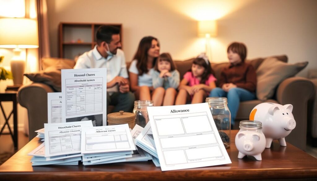 A cozy living room with soft lighting, a coffee table in the foreground piled high with chore charts, allowance jars, and a piggy bank. In the middle ground, a family gathered around, discussing their household chores and allowance system. The parents guide the children, using encouraging gestures, while the kids listen attentively. The background features warm, muted tones, creating a welcoming, family-oriented atmosphere.