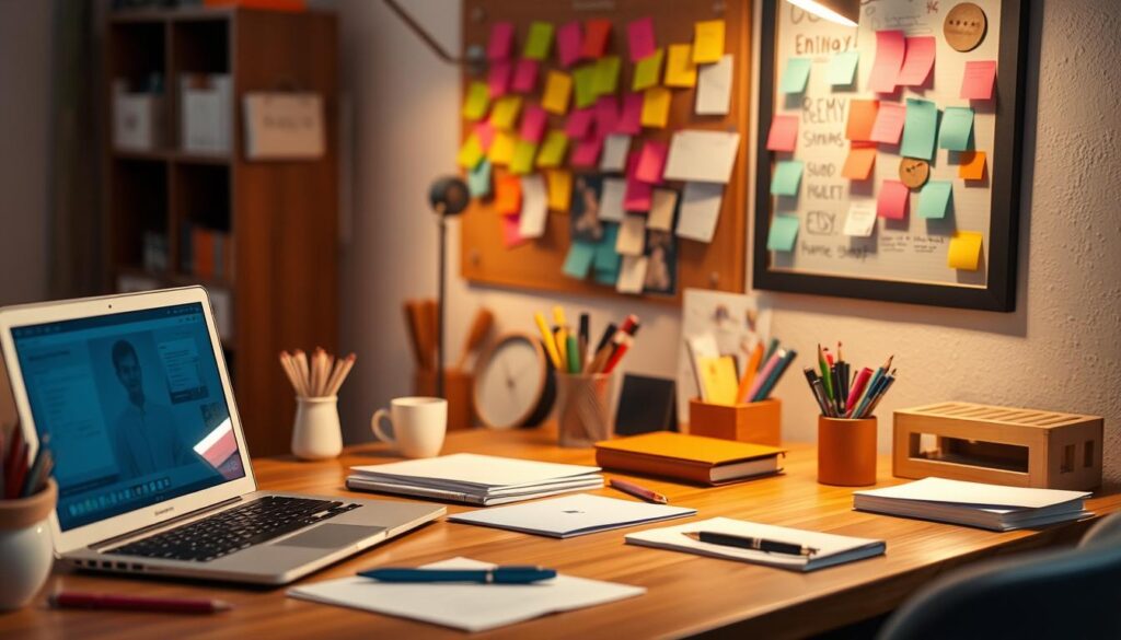 A cozy, well-lit home office with a wooden desk, a laptop, and a variety of stationery supplies neatly arranged. In the background, a bulletin board displays colorful sticky notes and sketches, hinting at the creative process of setting up an Etsy shop. Soft, warm lighting illuminates the scene, creating a comfortable and inviting atmosphere for a business owner to ponder shop preferences and a captivating business name. The overall composition reflects the thoughtful, deliberate nature of establishing an online presence and brand identity.