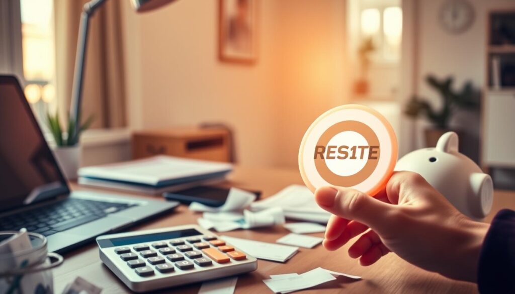 A desk with a laptop, piggy bank, and scattered receipts, bathed in warm, natural lighting. In the foreground, a person's hand hovers over a calculator, symbolizing the deliberate process of resetting spending habits. The middle ground features a visual metaphor of a financial reset button, with bold, minimal graphics. The background showcases a serene, minimalist interior, evoking a sense of control and intention. The overall composition conveys a thoughtful, focused approach to overhauling one's spending patterns. A desk with a laptop, piggy bank, and scattered receipts, bathed in warm, natural lighting. In the foreground, a person's hand hovers over a calculator, symbolizing the deliberate process of resetting spending habits. The middle ground features a visual metaphor of a financial reset button, with bold, minimal graphics. The background showcases a serene, minimalist interior, evoking a sense of control and intention. The overall composition conveys a thoughtful, focused approach to overhauling one's spending patterns.