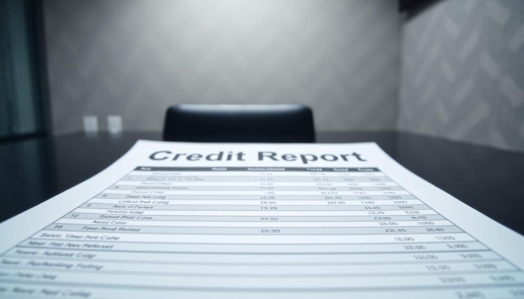 A detailed close-up of a credit report document, showcasing its main sections. The foreground features neatly organized rows of text and numerical data, representing the different categories of credit information. The middle ground displays the overall structure and layout of the report, with clear delineations between sections. The background subtly fades into a neutral, textured office environment, creating a sense of professional context. Bright, even lighting from an overhead source illuminates the document, giving it a clean, authoritative appearance. The composition is centered and balanced, highlighting the report's comprehensive nature and importance.