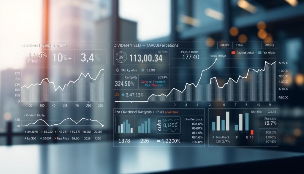 A detailed financial analysis chart with a focus on dividend yield calculations. The foreground displays a clear, data-driven visualization of dividend yield ratios, with key metrics and trend lines. The middle ground showcases relevant financial data, such as stock prices, dividend payments, and payout ratios, presented in a clean, infographic-style layout. The background features a subtle, blurred cityscape or stock market backdrop, evoking the financial context. The lighting is soft and directional, creating depth and highlighting the data visualization. The overall mood is one of informed decision-making, with a focus on the fundamental analysis of dividend-paying stocks.