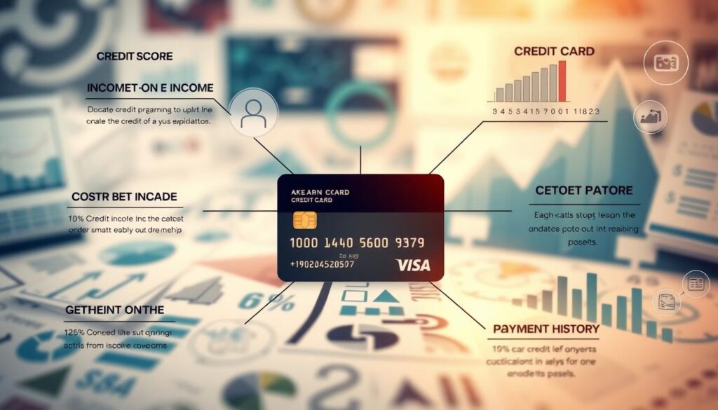 A detailed, high-quality illustration depicting the key factors to consider when applying for a credit card. In the foreground, various credit application criteria are displayed, such as credit score, income, debt-to-income ratio, and payment history. The middle ground showcases a credit card, representing the end goal of the application process. The background features a soft, blurred financial landscape with graphs, charts, and other financial elements, conveying the analytical and decision-making nature of the credit application process. The lighting is warm and inviting, with a subtle depth of field to draw the viewer's attention to the key elements. The overall mood is one of thoughtful consideration and financial responsibility. A detailed, high-quality illustration depicting the key factors to consider when applying for a credit card. In the foreground, various credit application criteria are displayed, such as credit score, income, debt-to-income ratio, and payment history. The middle ground showcases a credit card, representing the end goal of the application process. The background features a soft, blurred financial landscape with graphs, charts, and other financial elements, conveying the analytical and decision-making nature of the credit application process. The lighting is warm and inviting, with a subtle depth of field to draw the viewer's attention to the key elements. The overall mood is one of thoughtful consideration and financial responsibility.