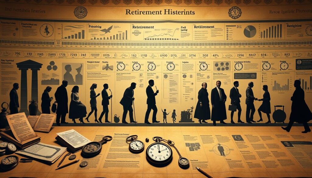 A detailed historical timeline unraveling the evolution of retirement concepts, stretching from ancient civilizations to modern-day financial planning. Depicting a panoramic view, the foreground showcases iconic symbols and artifacts representing various eras - stone tablets, parchment scrolls, pocket watches, and retirement calculators. The middle ground features silhouettes of influential figures, policymakers, and economists whose ideas shaped the retirement landscape. In the background, a tapestry of timelines, charts, and infographics illustrates the progression of retirement age, life expectancy, and social security systems across different cultures and eras. Warm, earthy tones create a sense of timelessness, while subtle lighting casts a reflective, scholarly atmosphere, inviting the viewer to delve into the rich tapestry of retirement history.