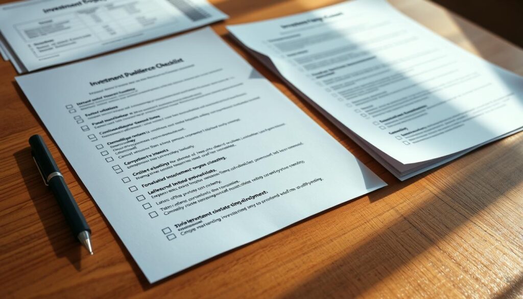 A detailed, neatly organized investment property due diligence checklist, carefully laid out on a wooden table. The checklist features a series of well-defined categories and bullet points, meticulously outlined in a professional, no-nonsense style. Warm, natural lighting bathes the scene, casting subtle shadows and highlighting the tactile quality of the paper documents. The overall mood is one of thoughtful consideration and thorough preparation, reflecting the serious nature of the investment decision-making process. The image conveys a sense of organization, attention to detail, and a systematic approach to evaluating potential investment properties.