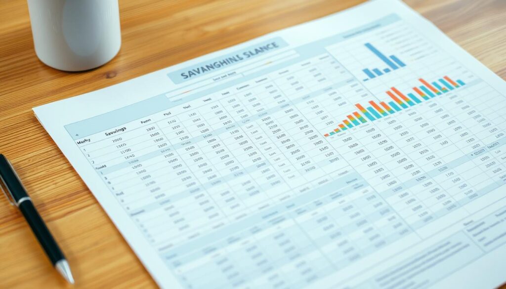 A detailed spreadsheet with colorful graphs and charts, neatly organized on a wooden table. The design features a clean, minimalist aesthetic with a warm, inviting atmosphere. The spreadsheet displays weekly and monthly savings progress, with each row representing a week and the columns tracking the growing balance. The layout is intuitive and easy to read, with subtle but effective use of icons and visual cues to highlight key data points. Soft, natural lighting illuminates the scene, creating a cozy and focused workspace vibe. The overall impression is one of diligent financial planning and a sense of accomplishment in building long-term savings habits. A detailed spreadsheet with colorful graphs and charts, neatly organized on a wooden table. The design features a clean, minimalist aesthetic with a warm, inviting atmosphere. The spreadsheet displays weekly and monthly savings progress, with each row representing a week and the columns tracking the growing balance. The layout is intuitive and easy to read, with subtle but effective use of icons and visual cues to highlight key data points. Soft, natural lighting illuminates the scene, creating a cozy and focused workspace vibe. The overall impression is one of diligent financial planning and a sense of accomplishment in building long-term savings habits.