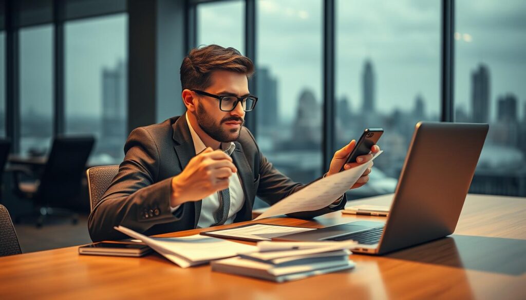 A dynamic office scene with a focused professional juggling a laptop, smartphone, and documents, symbolizing the balance between a thriving day job and an energetic side hustle. The lighting is warm and focused, creating a sense of determination and productivity. The background features blurred city skyline, hinting at the larger world of opportunities beyond the confines of the office. The composition emphasizes the individual's agility and multitasking abilities, capturing the essence of someone striving to excel in both their primary career and a rewarding side venture.