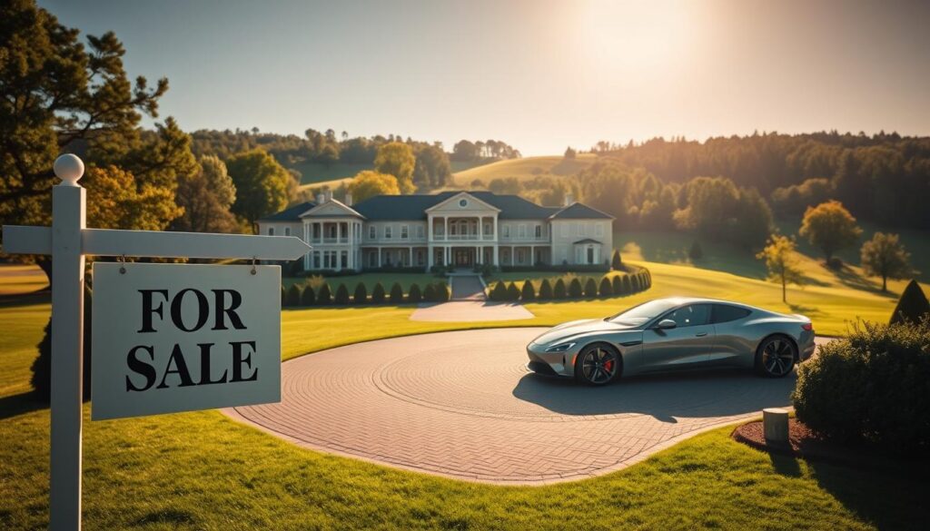 A grand, stately mansion set amidst a sprawling, well-manicured estate, bathed in warm, golden afternoon sunlight. In the foreground, a "For Sale" sign stands prominently, beckoning potential investors. The middle ground features a tasteful, modern luxury car parked in a circular driveway, conveying the affluence and success that property investment can bring. In the background, rolling hills dotted with lush, verdant trees create a picturesque, serene landscape, hinting at the tranquility and privacy that comes with a prestigious real estate acquisition. The overall scene exudes an air of prestige, opportunity, and the promise of a prosperous future for the savvy real estate investor.