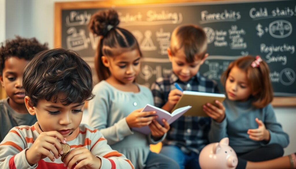 A group of diverse children engaged in various financial activities. In the foreground, a young boy carefully counting coins, his expression focused and determined. Behind him, a girl enthusiastically records her spending in a small notebook, her brow furrowed in concentration. In the middle ground, a pair of siblings discussing a piggy bank, one child explaining the importance of saving to the other. In the background, a chalkboard displays simple financial concepts, illuminated by warm, soft lighting that creates a welcoming, educational atmosphere. The scene conveys the importance of developing sound financial habits in youth, fostering a sense of responsibility and financial literacy. A group of diverse children engaged in various financial activities. In the foreground, a young boy carefully counting coins, his expression focused and determined. Behind him, a girl enthusiastically records her spending in a small notebook, her brow furrowed in concentration. In the middle ground, a pair of siblings discussing a piggy bank, one child explaining the importance of saving to the other. In the background, a chalkboard displays simple financial concepts, illuminated by warm, soft lighting that creates a welcoming, educational atmosphere. The scene conveys the importance of developing sound financial habits in youth, fostering a sense of responsibility and financial literacy.