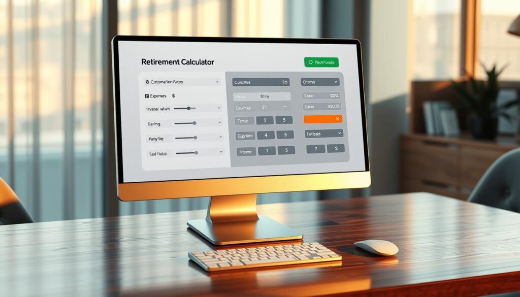 A high-resolution, photorealistic illustration of a modern, interactive retirement planning calculator displayed on a sleek, minimalist desktop computer. The screen shows a clean and intuitive user interface with sliders, toggles, and input fields for adjusting various retirement factors like income, expenses, savings, and investment returns. The calculator is positioned on a polished wooden desk, bathed in warm, directional lighting that creates soft shadows and highlights the device's elegant, brushed aluminum frame. The background is a subtly blurred, serene office environment, creating a focused, contemplative atmosphere for financial planning and decision-making.