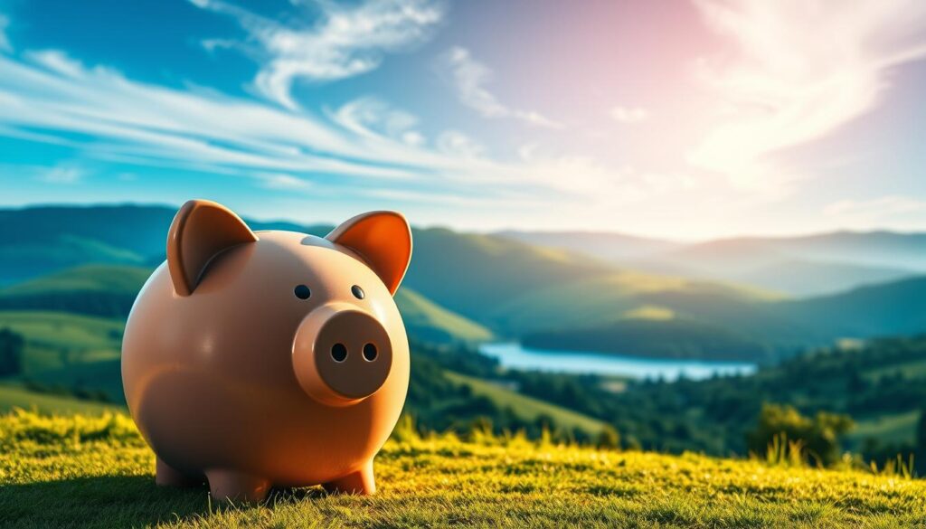 A large piggy bank or safe, representing a substantial financial buffer, sits prominently in the foreground of the frame. The lighting is soft and warm, casting a comforting glow on the sturdy container. In the middle ground, a lush, verdant landscape with rolling hills and a serene lake creates a sense of tranquility and security. The background is a deep, azure sky with wispy, cloud-like formations, conveying a feeling of stability and long-term protection. The overall composition exudes a sense of financial well-being, resilience, and the peace of mind that comes with having a reliable emergency fund in place. A large piggy bank or safe, representing a substantial financial buffer, sits prominently in the foreground of the frame. The lighting is soft and warm, casting a comforting glow on the sturdy container. In the middle ground, a lush, verdant landscape with rolling hills and a serene lake creates a sense of tranquility and security. The background is a deep, azure sky with wispy, cloud-like formations, conveying a feeling of stability and long-term protection. The overall composition exudes a sense of financial well-being, resilience, and the peace of mind that comes with having a reliable emergency fund in place.