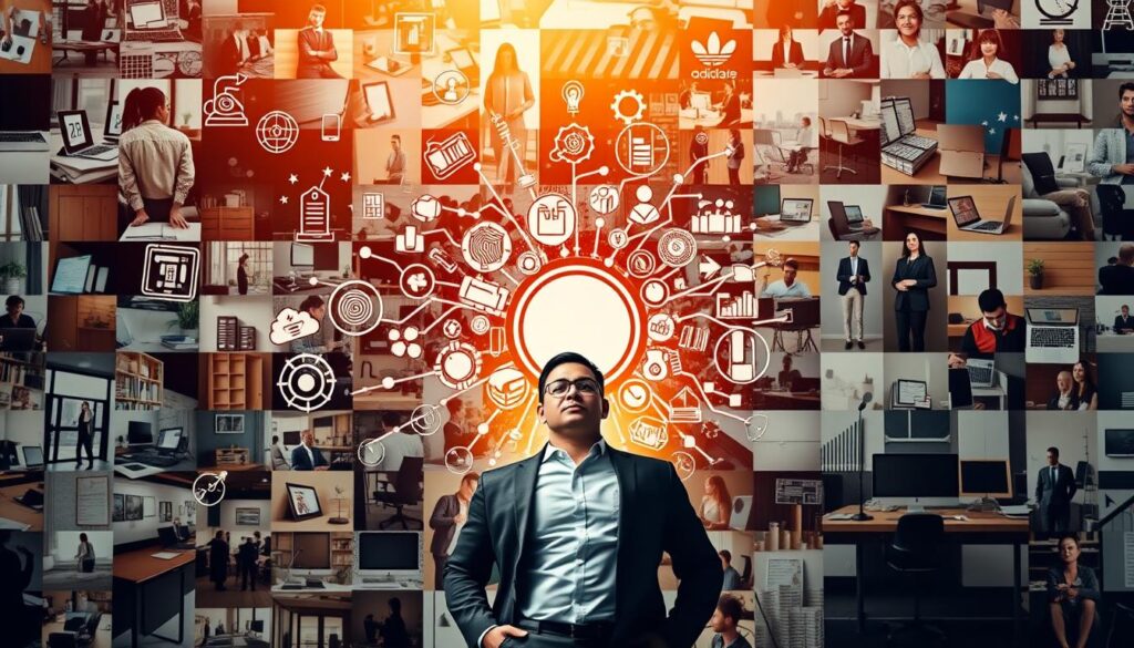 A meticulously crafted, dynamic composition showcasing transferable skills. In the foreground, a confident professional stands amidst a swirl of interconnected icons, each representing a versatile ability - problem-solving, communication, adaptability, leadership. The middle ground features a mosaic of diverse work environments, from corporate offices to freelance workspaces, illustrating the wide applicability of these transferable skills. The background bathes the scene in a warm, inspiring glow, evoking a sense of empowerment and opportunity. Captured with a cinematic, wide-angle lens, the image conveys the versatility and value of leveraging one's transferable skills in the freelance job market. A meticulously crafted, dynamic composition showcasing transferable skills. In the foreground, a confident professional stands amidst a swirl of interconnected icons, each representing a versatile ability - problem-solving, communication, adaptability, leadership. The middle ground features a mosaic of diverse work environments, from corporate offices to freelance workspaces, illustrating the wide applicability of these transferable skills. The background bathes the scene in a warm, inspiring glow, evoking a sense of empowerment and opportunity. Captured with a cinematic, wide-angle lens, the image conveys the versatility and value of leveraging one's transferable skills in the freelance job market.