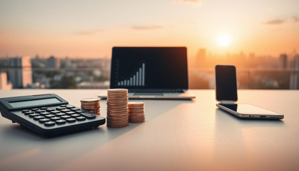 A minimalist tableau showcasing passive income strategies. In the foreground, a calculator, a stack of coins, and a growth chart. In the middle ground, a laptop and a smartphone, symbolizing digital revenue streams. The background depicts a serene urban landscape bathed in warm, golden light, conveying a sense of financial stability and prosperity. The composition is balanced, with a clean, modern aesthetic. The lighting is soft and diffused, creating a calming, aspirational atmosphere. Captured with a wide-angle lens to encompass the various elements of this passive income ecosystem. A minimalist tableau showcasing passive income strategies. In the foreground, a calculator, a stack of coins, and a growth chart. In the middle ground, a laptop and a smartphone, symbolizing digital revenue streams. The background depicts a serene urban landscape bathed in warm, golden light, conveying a sense of financial stability and prosperity. The composition is balanced, with a clean, modern aesthetic. The lighting is soft and diffused, creating a calming, aspirational atmosphere. Captured with a wide-angle lens to encompass the various elements of this passive income ecosystem.