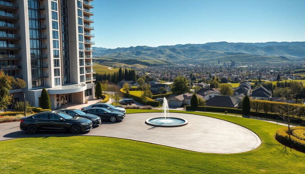 A modern, high-rise apartment building set against a backdrop of rolling hills and a clear blue sky. In the foreground, a well-manicured lawn leads to a sleek, glass-and-steel entrance. Luxurious cars line the driveway, and a water fountain glistens in the sunlight. The middle ground features a picturesque neighborhood with neatly trimmed hedges and well-maintained homes. In the distance, a bustling city skyline can be seen, hinting at the potential for urban growth and investment opportunities. The lighting is crisp and directional, casting dramatic shadows and highlighting the architectural details. The overall mood is one of sophistication, prosperity, and the promise of a secure financial future.